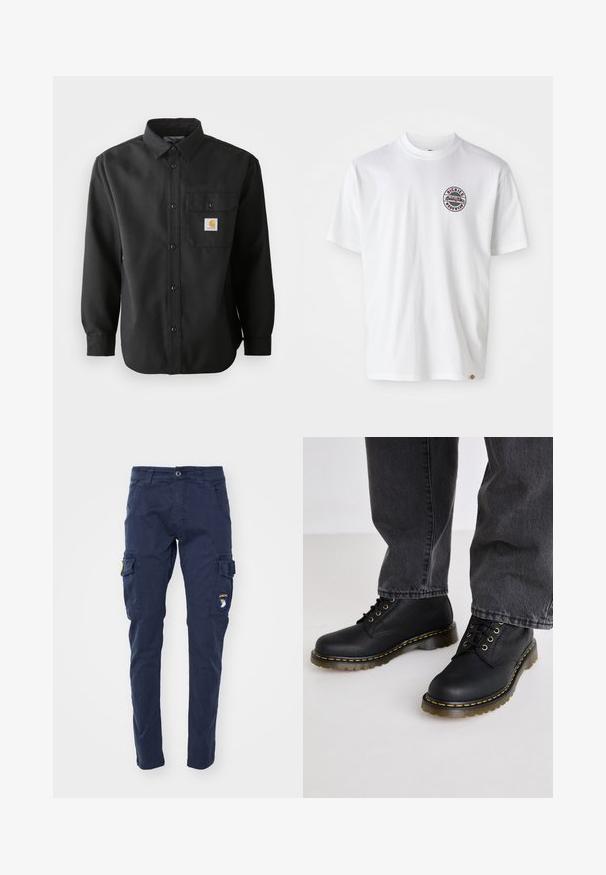 Černá košile s dlouhým rukávem, zapínáním na knoflíky, špičatým límcem a náprsní kapsou s logem. Měkká, texturovaná tkanina.; Bílý bavlněný tričko s kulatým logem na hrudi. Kulatý výstřih, krátké rukávy, volný střih, s červenými a černými akcenty.; Alpha Industries PETROL PATCH - Kapsáče - ultra navy; Černé kožené šněrovací boty s texturovaným povrchem, silnou gumovou podrážkou a žlutými švy, spárované se šedými džíny.
