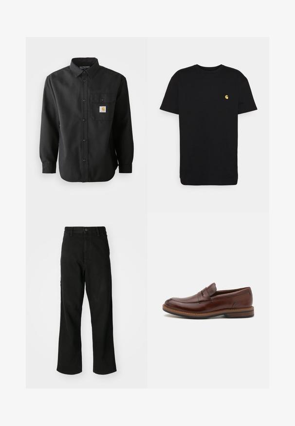 Black long-sleeve shirt with a buttoned front, pointed collar, and a chest pocket featuring a logo patch. Soft, textured fabric.; Black cotton t-shirt with short sleeves, crew neck, and a small yellow logo on the left chest area. Simple design and regular fit.; Black straight-leg jeans with button closure, belt loops, and front pockets on a plain white background.; Brown leather loafers with a smooth finish, featuring a stitched design, a slip-on style, and a textured rubber sole for traction.