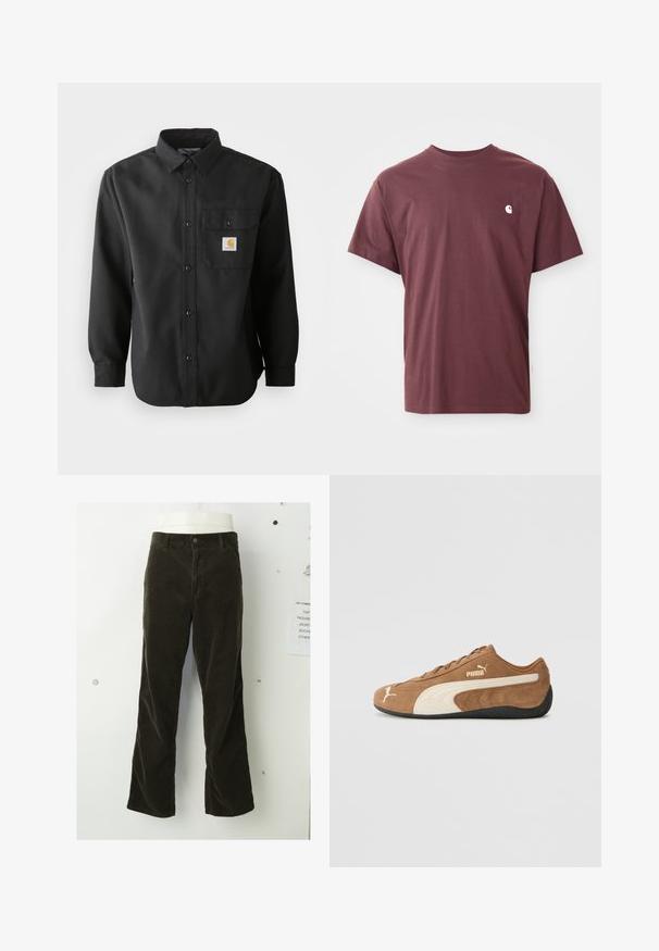 Svart långärmad skjorta med knappstängning, spetsig krage och bröstficka med en logotypapak. Mjuk, texturerad tyg.; Burgundy bomull t-shirt med korta ärmar, rund halsringning och en liten vit logotyp på vänster bröst. Slät textur, avslappnad passform.; Bruna kordfløyelsbyxor har en utsvängd design, vertikal ribbad textur, framknäppning och vanliga fickor.; Bruna mockaskinn låga sneakers med krämfärgade detaljer, texturerad yta, svart gummisula och broderad logotyp på sidan och tungan.