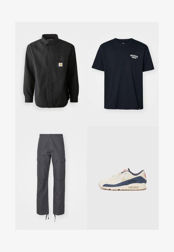 Chemise noire à manches longues avec un devant boutonné, un col pointu et une poche poitrine arborant un patch logo. Tissu doux et texturé.; T-shirt en coton bleu marine avec un col rond, des manches courtes et un logo blanc avec "DICKIES 1922" sur la poitrine gauche.; Carhartt WIP AVIATION PANT - Pantalon cargo - graphite rinsed; Baskets avec un dessus en cuir crème et en suède bleu marine, dotées d'une semelle à air visible, d'une semelle en caoutchouc beige et d'un accent rouge au talon.