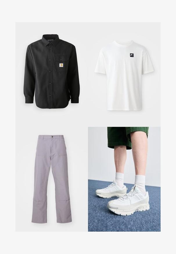 Mustapaita, jossa on pitkä hiha, nappikäyttöinen etuosa, terävä kaulus ja rintatasku, jossa on logo-aani. Pehmeä, tekstuurinen kangas.; Valkoinen puuvillapaita lyhyillä hihoilla ja pyöreällä kauluksella; etuosassa on pieni musta suorakulmainen Nike Air -logo vasemmalla rinnassa.; Sirulet vaaleanvioletit housut, joissa on suora lahje, kahdella etutaskulla ja koristeompeleilla. Valmistettu kestävästä puuvillakankaasta.; Valkoiset urheilukengät, joissa on tekstuuriset päällysteet, paksu pohja ja harmaat yksityiskohdat. Yhdistetty valkoisiin putkisukkiin ja vihreisiin shortseihin sinisellä pinnalla.