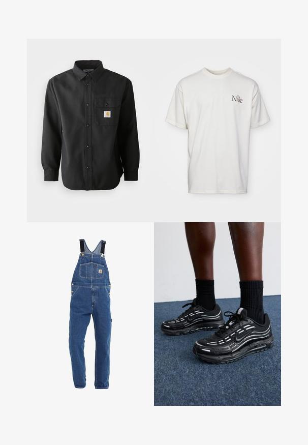 Czarna koszula z długim rękawem, z zapięciem na guziki, z kołnierzykiem w szpic oraz kieszenią na piersi z naszywką z logo. Miękka, teksturowana tkanina.; Biała bawełniana koszulka z haftowanym brązowym logo Nike po lewej stronie klatki piersiowej. Luźny krój z krótkimi rękawami i okrągłym dekoltem.; Dżinsowe ogrodniczki w średnim niebieskim odcieniu, z regulowanymi czarnymi ramiączkami, wieloma kieszeniami i metalowymi akcentami.; Czarne buty Nike mają siateczkową cholewkę z akcentującymi paskami, teksturowane sznurowanie i czarną gumową podeszwę. Noszone z czarnymi skarpetkami w prążki.