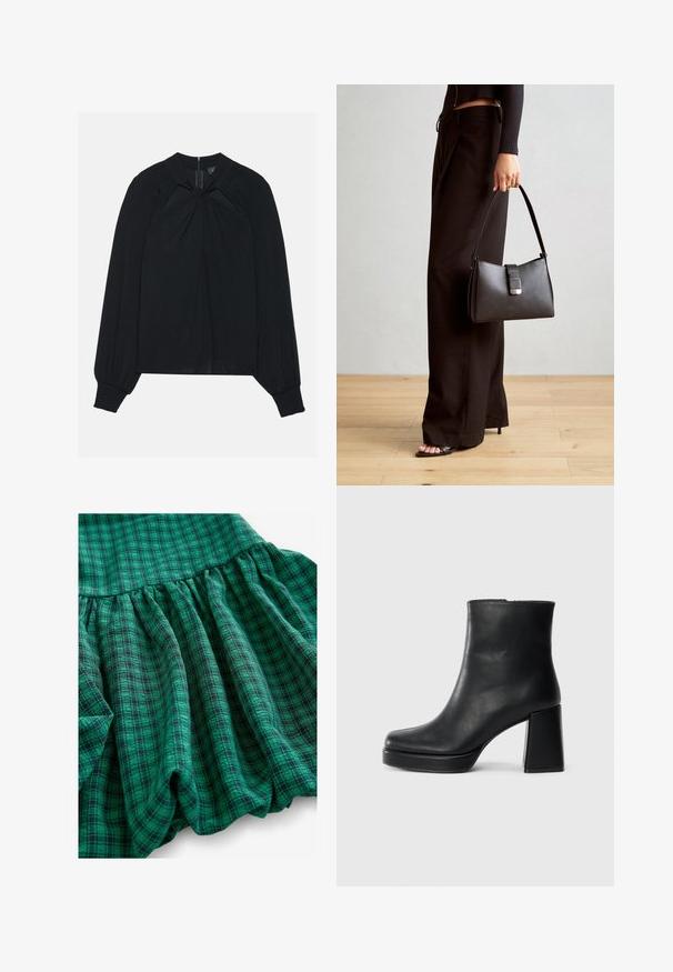 Schwarze Bluse aus leichtem Stoff mit gefaltetem Vorderteil, hohem Kragen und elastischen Manschetten, die einen verdeckten Reißverschluss im Rücken hat.; Grüner Karostoff weist verschiedene Farbtöne, geraffte Textur und einen rüschigen Saum auf. Das Material wirkt atmungsaktiv und leicht.; Schwarze Leder-Stiefelette mit Blockabsatz und Plattformsohle, seitlich auf einem schlichten weißen Hintergrund betrachtet.; Schwarze Handtasche mit strukturierter Form, glatter Textur und einem metallischen Verschluss. Kombiniert mit weiten schwarzen Hosen und offenen Sandalen auf einem Holzboden.