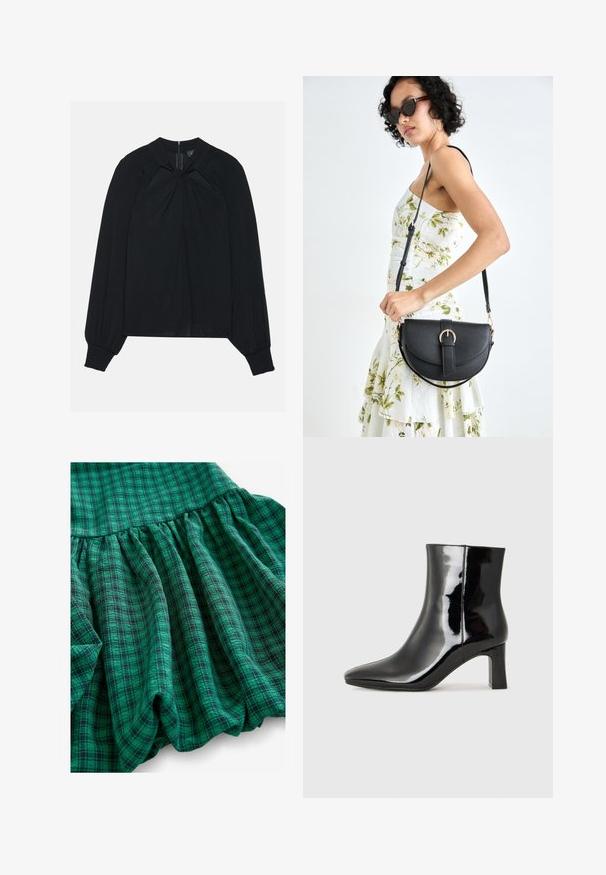 Mustahuivi kevyt kangas, jossa on laskostettu etuosa, korkea kaulus ja elastiset hihansuut, joissa on piilotettu takavetoketju.; Vihreä ruudullinen kangas, jossa on eri sävyjä, rypytetty pinta ja röyhelöhelma. Materiaali näyttää hengittävältä ja kevyeltä.; Musta patenttilakattu nilkkuri, jossa on terävä kärki ja keskipitkä lohkarekorko. Silkkinen pinta ja minimalistinen muotoilu.; Musta nahkainen käsilaukku, joka on kaareva muotoilultaan, irrotettavalla hihnalla ja kultaisilla yksityiskohdilla. Laukussa on läppä, jossa on solk yksityiskohta.