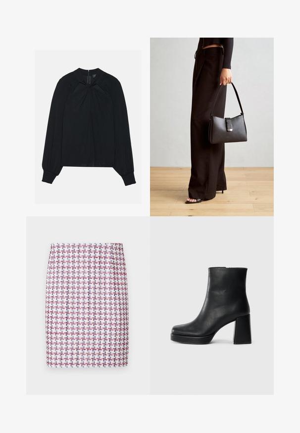 Svart blus i lättviktig tyg med plisserad framsida, hög krage och elastiska manschetter som har en dold dragkedja i ryggen.; Vävd kjol i röd, vit och blå rutad mönster, med en rak design och slät textur, med en midjehöjd på mellan nivå.; Svart läderankelboot med blockklack och platåsula, sedd från sidan på en enkel vit bakgrund.; Svart handväska med strukturerad form, slät yta och metallspänne. Matchad med vida svarta byxor och sandaler med öppen tå på trägolv.