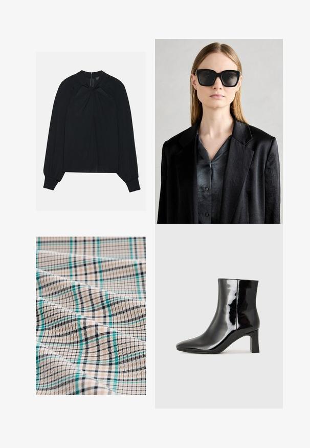 Czarna bluzka wykonana z lekkiego materiału, z plisowanym przodem, wysokim kołnierzem oraz elastycznymi mankietami, z ukrytym zamkiem błyskawicznym z tyłu.; Tkanina w kratę w odcieniach beżu, czerni i teal. Posiada wzór siatki z cienkimi liniami i teksturowaną powierzchnię, prezentującą mieszankę krat i pasków.; Czarne lakierowane botki za kostkę z wysmukłym noskiem i średniej wysokości obcasem w kształcie słupka. Gładka tekstura i minimalistyczny design.; Czarne, oversize'owe okulary przeciwsłoneczne z masywną oprawką i ciemnymi soczewkami, połączone z satynową, szaro-skalistą koszulą z guzikami oraz czarnym żakietem.