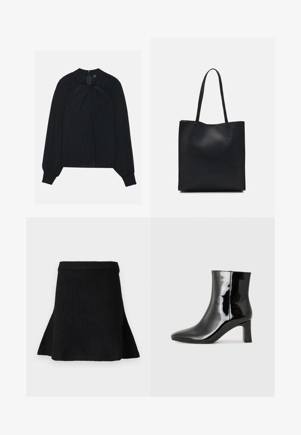Black blouse made of lightweight fabric with a pleated front, high collar, and elasticized cuffs featuring a concealed back zipper.; Black knitted skirt with a flared hem, featuring a ribbed waistband. The texture is smooth, with no visible patterns or accents.; Black patent leather ankle boot with a pointed toe and a mid-height block heel. Smooth texture and minimalist design.; Black leather tote bag with smooth texture, rectangular shape, and two long handles. No visible hardware or embellishments.