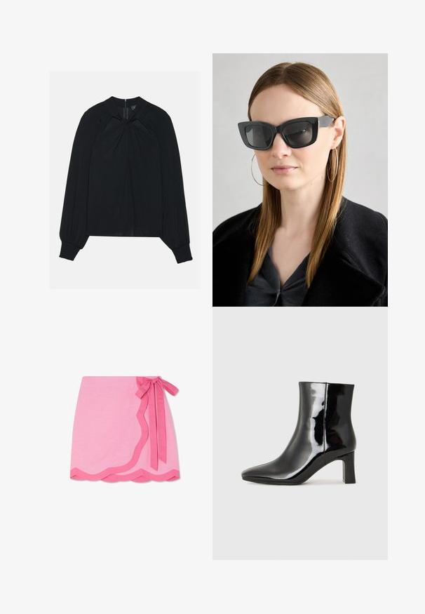 Schwarze Bluse aus leichtem Stoff mit gefaltetem Vorderteil, hohem Kragen und elastischen Manschetten, die einen verdeckten Reißverschluss im Rücken hat.; Rosa Leinen-Wickelrock mit gewelltem Saum, ausgestattet mit einer kontrastierenden, dunkleren rosa Schleife an der Taille und einer glatten Textur.; Schwarzer Lackleder-Stiefelette mit spitzer Zehe und einem mittelhohen Blockabsatz. Glatte Textur und minimalistisches Design.; Schwarze Katzenaugen-Sonnenbrille mit dunklen Gläsern, dicken Rahmen und subtilen Akzenten. Getragen mit einem schwarzen Mantel und einem grauen Oberteil, dazu lange, glatte Haare.