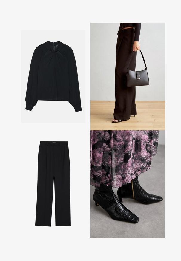 Mustahuivi kevyt kangas, jossa on laskostettu etuosa, korkea kaulus ja elastiset hihansuut, joissa on piilotettu takavetoketju.; Mustat housut suoralla lahkeella, joissa on kaksi etutaskua ja vyötärö. Valmistettu sileästä, kevyestä kankaasta.; Mustat nahkaiset nilkkurit, joissa on krokotiiliraidallinen pinta, terävä kärki ja pieni paksu korko; sivussa on kullanvärinen vetoketjuyksityiskohta.; Musta käsilaukku, jossa on rakenteellinen muoto, sileä pinta ja metallinen solki. Yhdistetty leveisiin mustiin housuihin ja avonaiheisiin sandaaleihin puulattialla.