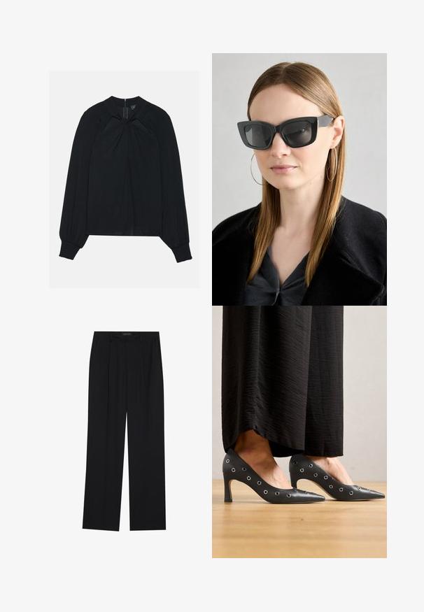 Black blouse made of lightweight fabric with a pleated front, high collar, and elasticized cuffs featuring a concealed back zipper.; Black trousers with a straight-leg design, featuring two front pockets and a waistband. Made from a smooth, lightweight fabric.; Black leather high heels with a pointed toe design, featuring metal eyelet accents along the sides, and a slim stiletto heel.; Black cat-eye sunglasses with dark lenses, thick frames, and subtle accents. Worn with a black coat and gray top, featuring long straight hair.