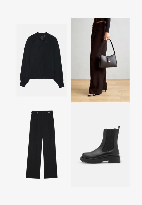 Mustahuivi kevyt kangas, jossa on laskostettu etuosa, korkea kaulus ja elastiset hihansuut, joissa on piilotettu takavetoketju.; Mustat leveälahkeiset housut, joissa on korkea vyötärö, napit vyötärönauhassa ja etupuolella laskokset.; Musta nahkasaapas nilkkapituudella, jossa on joustavat sivupaneelit, tukevat kumin pohjat ja vetotab. sileä pinta ja tyylikäs muotoilu.; Musta käsilaukku, jossa on rakenteellinen muoto, sileä pinta ja metallinen solki. Yhdistetty leveisiin mustiin housuihin ja avonaiheisiin sandaaleihin puulattialla.