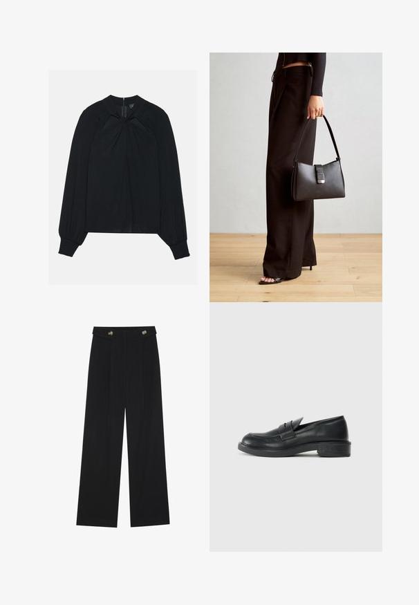 Bluză neagră dintr-o țesătură ușoară, cu un față pliat, guler înalt și manșete elasticizate, având un fermoar ascuns la spate.; Pantaloni negri cu picioare largi, talie înaltă, detalii cu butoane pe talie și pliseuri în față.; Mocasini negri din piele cu vârf rotunjit, detalii cusute și un toc mic. Textură netedă și talpă flexibilă din cauciuc.; Genți negre cu o formă structurată, textură netedă și un închizător metalic. Asortată cu pantaloni negri largi și sandale cu vârf deschis pe un podea din lemn.
