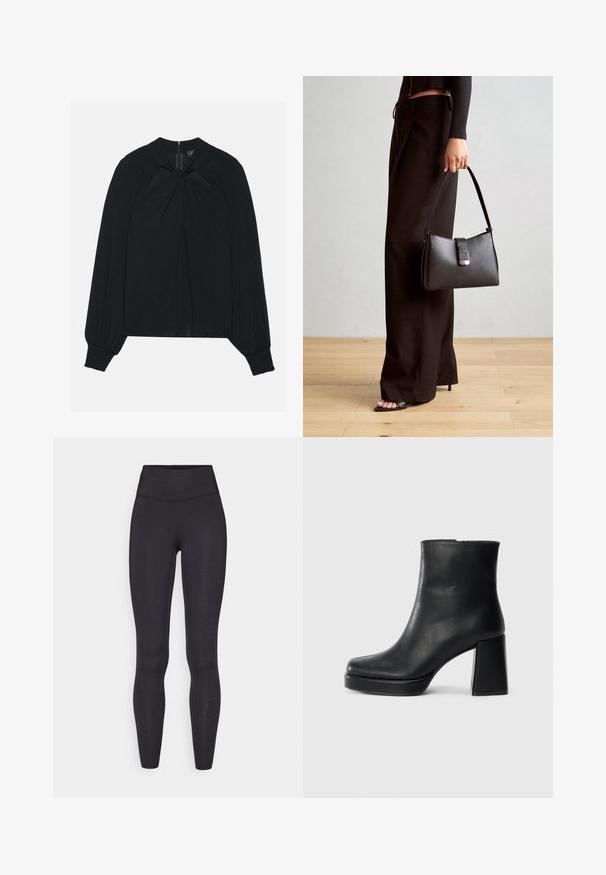Fekete blúz, könnyű anyagból készült, redőzött elülső résszel, magas gallérral és rugalmas mandzsettával, rejtett hátsó cipzárral.; Fekete leggings rugalmas anyagból, magas derékkal, sima textúrával és apró perforációkkal a külső lábakon.; Fekete bőr bokacsizma tömbsarkal és platform talppal, oldalról nézve, sima fehér háttéren.; Fekete kézi táska strukturált formával, sima textúrával és fémből készült záródással. Széles fekete nadrággal és nyitott orrú szandállal párosítva, fából készült padlón.