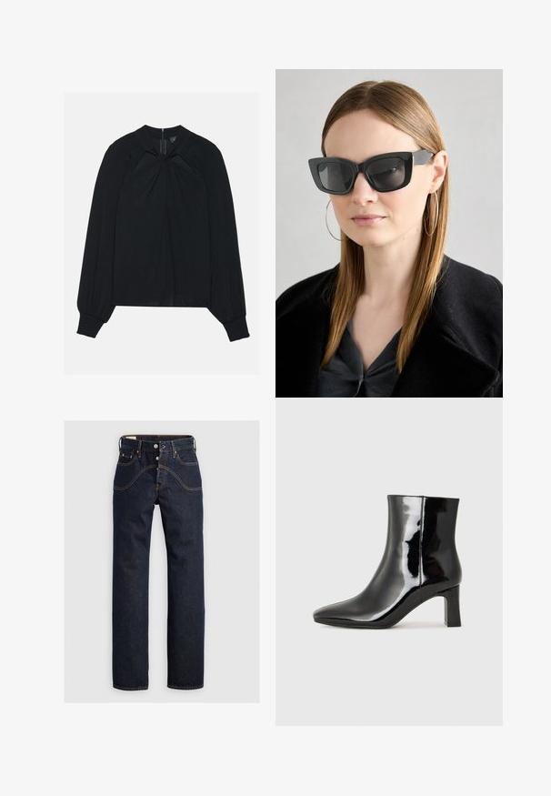 Blusa preta feita de tecido leve com frente plissada, gola alta e punhos elásticos com um fecho zip oculto nas costas.; Levi's® 501® '90S WESTERN - Calças de ganga de perna direita - dark blue denim; Botim de tornozelo em pele sintética preta com bico apontado e salto bloco de altura média. Textura suave e design minimalista.; Óculos de sol pretos em formato de gato com lentes escuras, armações grossas e acentos subtis. Usados com um casaco preto e uma blusa cinza, apresentando cabelo longo e liso.