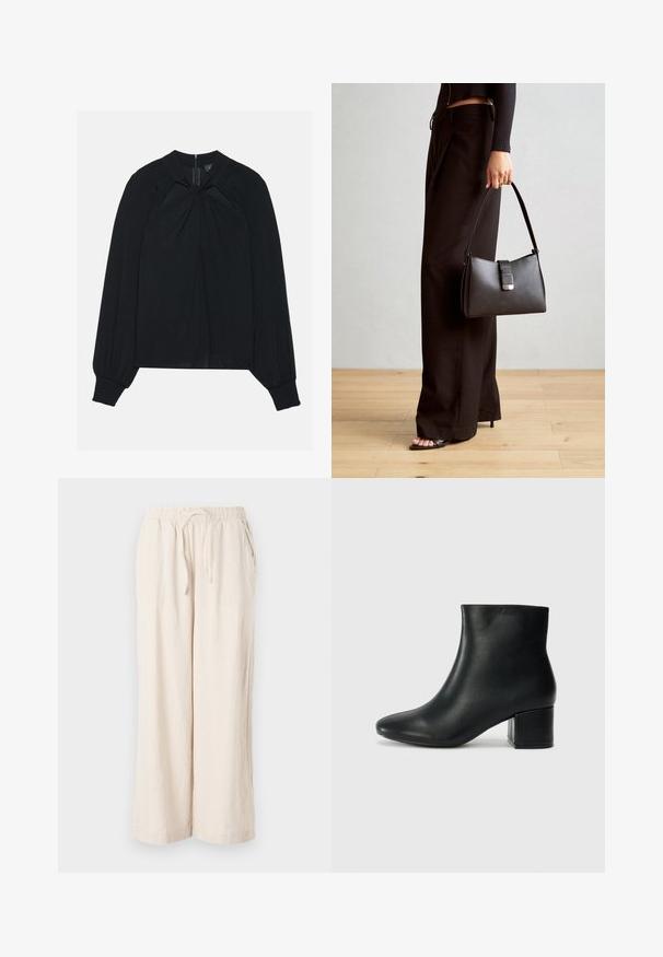 Black blouse made of lightweight fabric with a pleated front, high collar, and elasticized cuffs featuring a concealed back zipper.; Beige linen wide-leg pants with an elastic waistband and front pockets. Smooth texture, lightweight fabric, ankle-length design.; Black leather ankle boots with a pointed toe and a chunky heel. Smooth texture with minimal accents and a sleek, fitted design.; Black handbag with structured shape, smooth texture, and a metallic clasp. Paired with wide black pants and open-toe sandals on wooden floor.