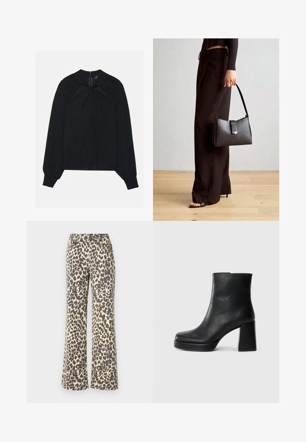 Juodas bluzonas, pagamintas iš lengvos medžiagos, su raukšlių priekiu, aukštu apykakle ir elastingais rankogaliais, turintis paslėptą užtrauktuką nugaroje.; Leopardų raštą turinčios džinsinės kelnės su aukštu liemeniu, šviesiai tan spalvos pagrindu ir tamsiai rudais taškais; platėjančios kojos dizainas; tvirta medžiaga su minkšta tekstūra.; Juodas odinis kulkšninis botas su bloku ir platformos padu, matomas šoniniu vaizdu ant balto fono.; Juodas rankinė struktūrizuota forma, lygi tekstūra ir metalinis užsegimas. Suporuota su plačiomis juodomis kelnėmis ir atvirais bateliais ant medinių grindų.