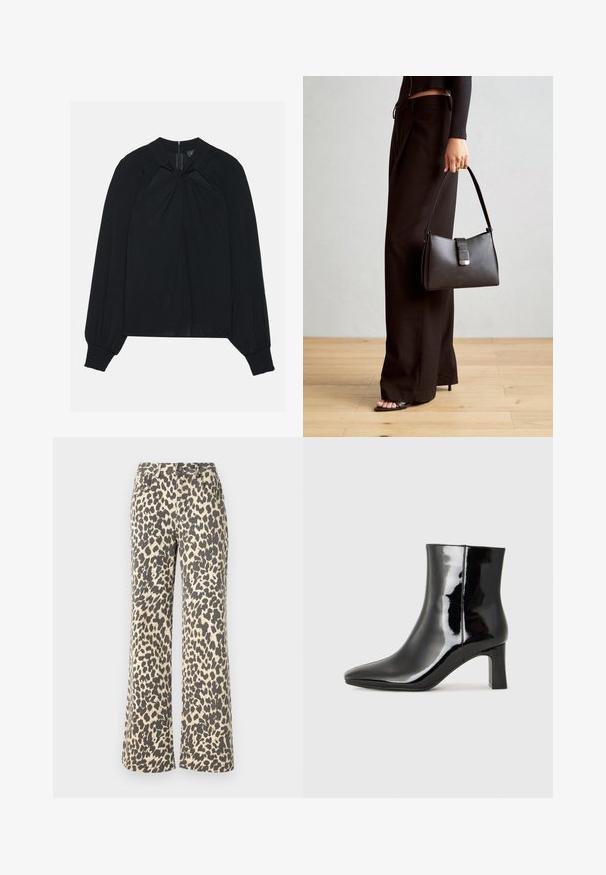 Bluză neagră dintr-o țesătură ușoară, cu un față pliat, guler înalt și manșete elasticizate, având un fermoar ascuns la spate.; Pantaloni din denim cu imprimeu de leopard, talie înaltă, bază de nuanță bej deschis și pete maro închis; design cu picior evazat; material robust cu o textură moale.; Botine negre din piele lacuită, cu vârful ascuțit și toc bloc de înălțime medie. Textură netedă și design minimalist.; Genți negre cu o formă structurată, textură netedă și un închizător metalic. Asortată cu pantaloni negri largi și sandale cu vârf deschis pe un podea din lemn.