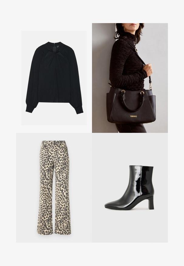 Black blouse made of lightweight fabric with a pleated front, high collar, and elasticized cuffs featuring a concealed back zipper.; Leopard-print denim trousers with a high waist, light tan base, and dark brown spots; flared leg design; sturdy fabric with a soft texture.; Black patent leather ankle boot with a pointed toe and a mid-height block heel. Smooth texture and minimalist design.; Black handbag with textured surface, dual top handles, and adjustable shoulder strap. Features gold-tone hardware and side pockets.