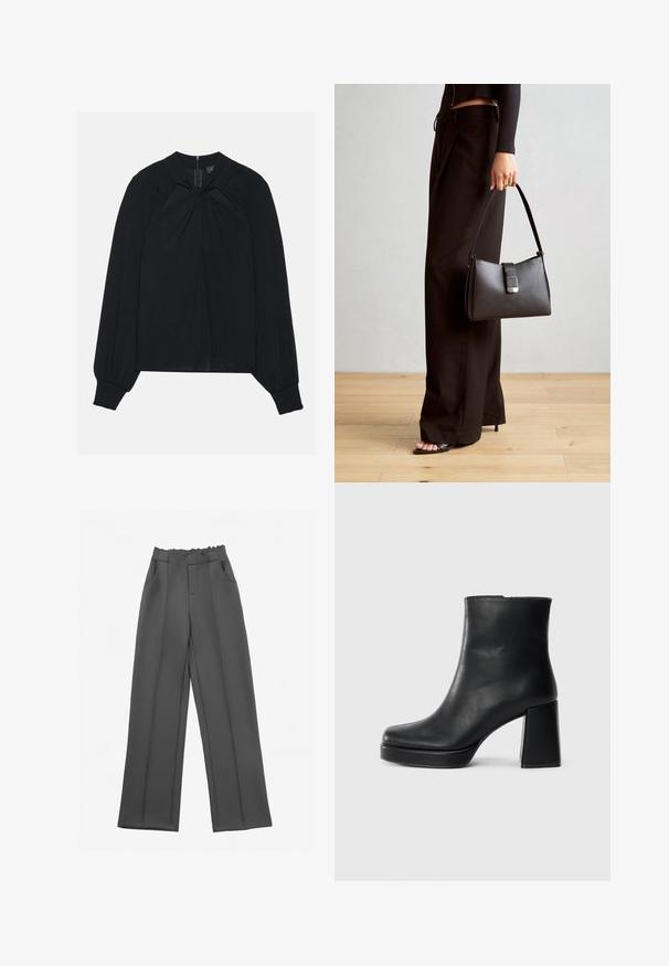 Zwarte blouse van lichtgewicht stof met een geplooide voorkant, hoge kraag en elastische manchetten met een verborgen ritssluiting aan de achterkant.; Grijze, wijde broek met een gerimpelde tailleband, twee zijzakken en rechte naden, gemaakt van een gladde, lichte stof.; Zwarte leren enkelboot met een blokhak en platformzool, zijaanzicht op een effen witte achtergrond.; Zwarte handtas met gestructureerde vorm, gladde textuur en een metalen sluiting. Gecombineerd met brede zwarte broeken en sandalen met open teen op een houten vloer.