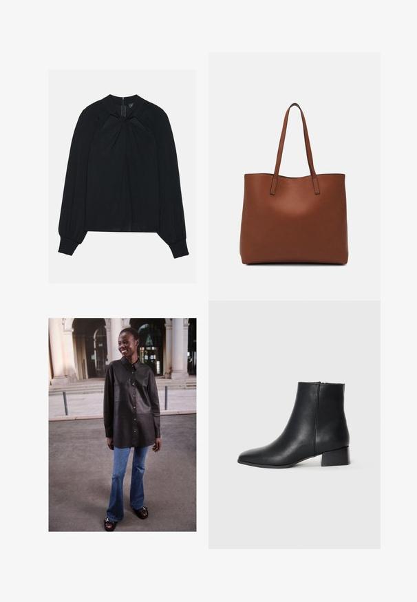 Mustahuivi kevyt kangas, jossa on laskostettu etuosa, korkea kaulus ja elastiset hihansuut, joissa on piilotettu takavetoketju.; Musta nahkapaita, joka on napitettava, kauluksellinen malli ja etutasku, yhdistettynä liehukehousisiin sinisiin farkkuliiveihin ja mustiin sandaaleihin.; Mustan nahkaisen nilkkurit, joissa on terävä kärki ja matala lohkokorko, joissa on sileä pinta ja minimalistinen muotoilu.; Ruskea nahkainen olkalaukku, jossa on sileä pinta, avoin yläosa ja kaksi olkahihnaa. Omaavat vain minimaalisen ompelun eikä näkyvää metalliosaa.