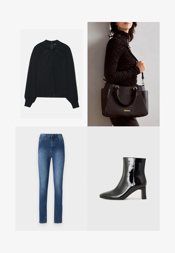 Svart bluse laget av lett stoff med plisserte detaljer foran, høy krage og elastiske mansjetter med skjult glidelås bak.; Blå denimjeans med slim fit, som har middels høyde i livet, fem lommer og subtile sømdetaljer. Glatt tekstur og klassisk design.; Sorte patentlær ankle boot med spiss tå og en mellomhøy blokkhelt. Glatt tekstur og minimalistisk design.; Svart håndveske med teksturert overflate, doble topphåndtak og justerbar skulderrem. Har detaljer i gulltone og sidelommer.