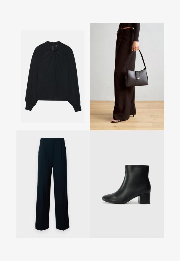 Blusa preta feita de tecido leve com frente plissada, gola alta e punhos elásticos com um fecho zip oculto nas costas.; Calças largas pretas feitas de tecido suave, com uma cintura alta, pregas frontais e um design limpo e minimalista.; Botas de tornozelo em pele preta com bico pontiagudo e um salto robusto. Textura suave com acentos mínimos e um design ajustado e elegante.; Bolsa preta com forma estruturada, textura suave e um fecho metálico. Combinada com calças largas pretas e sandálias de salto aberto sobre um chão de madeira.