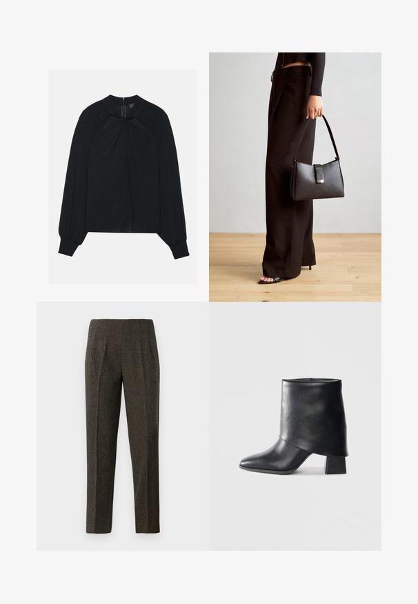 Melnā blūze, kas izgatavota no viegla auduma, ar pliķotu priekšpusi, augstu apkakli un elastīgām piedurknēm, kas aprīkota ar slēptu aizmugures rāvējslēdzēju.; Brūnas austas bikses ar piegulošu fasonu, ar skaidru šuvi pa priekšu un taisnām kājām. Materiāls ir teksturēts un nedaudz spīdīgs.; Melnas ādas potītes zābaki ar norādītu purngalu, gludu tekstūru un strukturētu blokveida papēdi. Iezīmē augstu, salocītu apkakles dizainu.; Melnā somiņa ar strukturētu formu, gludu tekstūru un metālu sprādzi. Saskaņota ar platām melnām biksēm un sandālēm ar atvērtu purngalu uz koka grīdas.