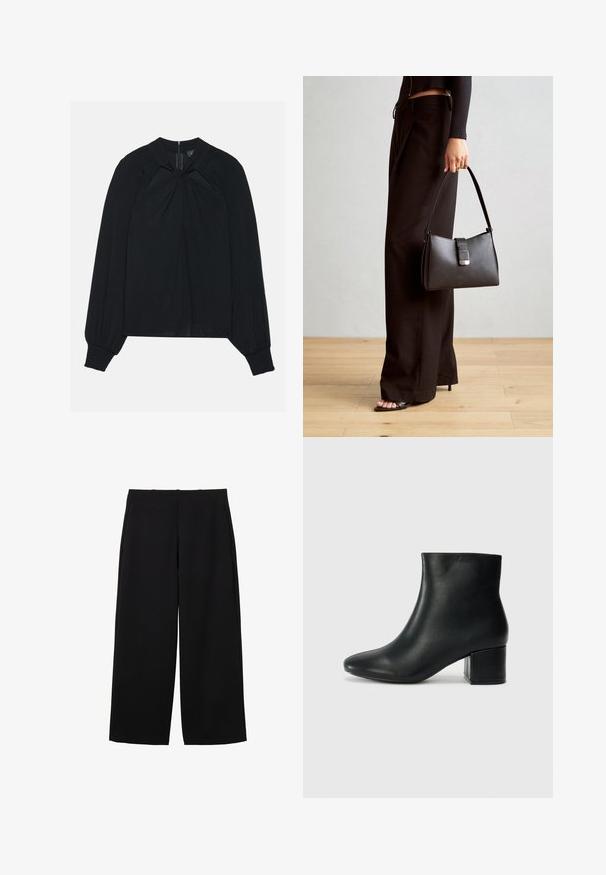 Czarna bluzka wykonana z lekkiego materiału, z plisowanym przodem, wysokim kołnierzem oraz elastycznymi mankietami, z ukrytym zamkiem błyskawicznym z tyłu.; Czarne spodnie o szerokich nogawkach, uszyte z teksturowanej tkaniny, o wysokim stanie, z fałdami z przodu i minimalistycznym designie. Brak widocznych kieszeni i okucia.; Czarne skórzane botki za kostkę z ostrym noskiem i masywnym obcasem. Gładka tekstura z minimalnymi akcentami i elegancki, dopasowany fason.; Czarna torebka o usztywnionym kształcie, gładkiej fakturze i metalowym zapięciem. Połączona z szerokimi czarnymi spodniami i sandałami na otwartym palcu na drewnianej podłodze.