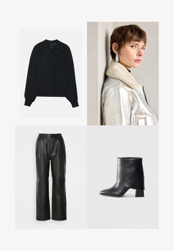 Mustahuivi kevyt kangas, jossa on laskostettu etuosa, korkea kaulus ja elastiset hihansuut, joissa on piilotettu takavetoketju.; Mustat nahkaiset leveälahkeiset housut, joissa on sileä pinta, korkea vyötärö, etupleatit ja näkyvät saumat. Ei taskuja tai koristeluja.; Mustat nahka nilkkurit, joissa on terävä kärki, sileä pinta ja jämäkkä lohkosaapas. Ominaisuuksia korkea, taitettu varren muotoilu.; Hopealaisia metallisia nahkatakkeja, jossa on turkis kaulus, varustettuna vetoketjulla ja teksturoidulla pinnalla. Suuret pisaramuotoiset korvakorut, joissa on kirkkaat jalokivet.