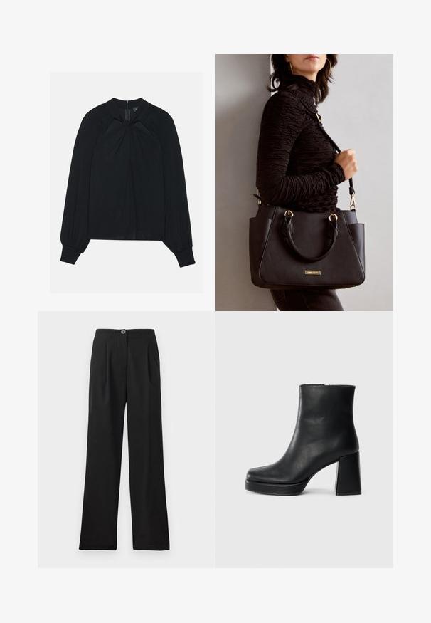 Blusa preta feita de tecido leve com frente plissada, gola alta e punhos elásticos com um fecho zip oculto nas costas.; Calças pretas de cintura alta feitas de tecido suave, com pregas frontais, fecho de botão único e pernas largas. Sem bolsos visíveis.; Bota de couro preta até ao tornozelo com salto bloco e sola com plataforma, vista de lado sobre um fundo branco liso.; Bolsa preta com superfície texturizada, alças superiores duplas e alça de ombro ajustável. Apresenta ferragens em tom dourado e bolsos laterais.