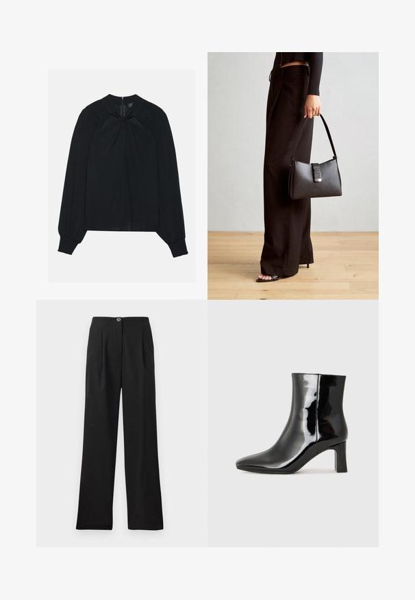 Fekete blúz, könnyű anyagból készült, redőzött elülső résszel, magas gallérral és rugalmas mandzsettával, rejtett hátsó cipzárral.; Fekete, magas derekú nadrág sima anyagból, elülső redőkkel, egy gombos záródással és széles szárakkal. Zsebek nem láthatók.; Fekete lakk bőrcipő bokáig érő, hegyes orral és közepes magasságú tömbsarokkal. Simább textúrával és minimalista dizájnnal rendelkezik.; Fekete kézi táska strukturált formával, sima textúrával és fémből készült záródással. Széles fekete nadrággal és nyitott orrú szandállal párosítva, fából készült padlón.