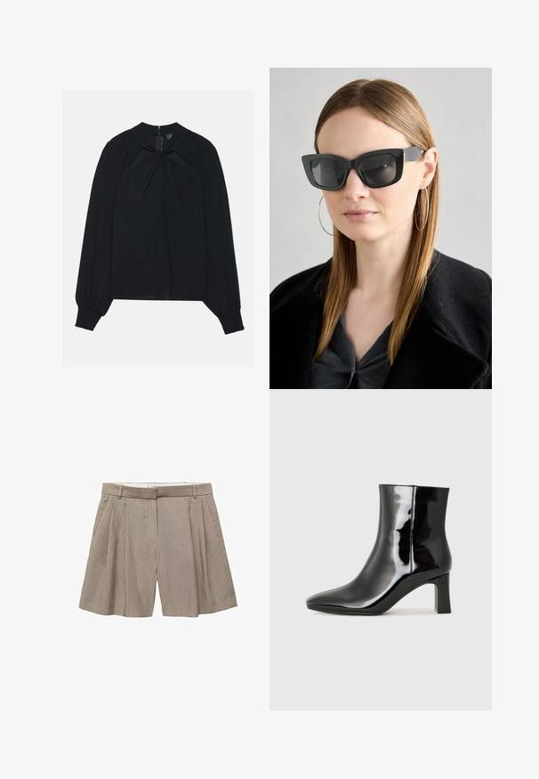 Sort bluse lavet af letvægtsstof med plisseret front, høj krave og elastiske manchetter, der har en skjult lynlås i ryggen.; Beige plisserede shorts lavet af stof med lodrette striber. Har en taljebånd med bæltestropper og en lige snit.; Sort lakeret ankelstøvle med spids tå og en midt-højde blokhæl. Glat tekstur og minimalistisk design.; Sorte katteøje solbriller med mørke linser, tykke rammer og subtile detaljer. Båret med en sort frakke og en grå bluse, med langt, glat hår.
