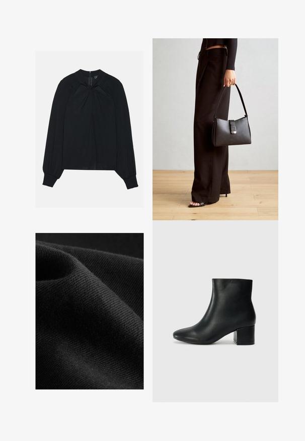 Schwarze Bluse aus leichtem Stoff mit gefaltetem Vorderteil, hohem Kragen und elastischen Manschetten, die einen verdeckten Reißverschluss im Rücken hat.; Schwarzer Stoff mit glatter Textur und einem dezenten Glanz, ausgestattet mit einem diagonalen Webmuster und einem weichen, flexiblen Fall.; Schwarze Leder-Ankle-Boots mit spitzem Zehenbereich und klobigem Absatz. Glatte Textur mit minimalen Akzenten und einem eleganten, taillierten Design.; Schwarze Handtasche mit strukturierter Form, glatter Textur und einem metallischen Verschluss. Kombiniert mit weiten schwarzen Hosen und offenen Sandalen auf einem Holzboden.