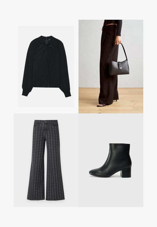 Black blouse made of lightweight fabric with a pleated front, high collar, and elasticized cuffs featuring a concealed back zipper.; Black denim flared jeans featuring a pattern of small silver studs arranged vertically. Five pockets and a button closure are included.; Black leather ankle boots with a pointed toe and a chunky heel. Smooth texture with minimal accents and a sleek, fitted design.; Black handbag with structured shape, smooth texture, and a metallic clasp. Paired with wide black pants and open-toe sandals on wooden floor.