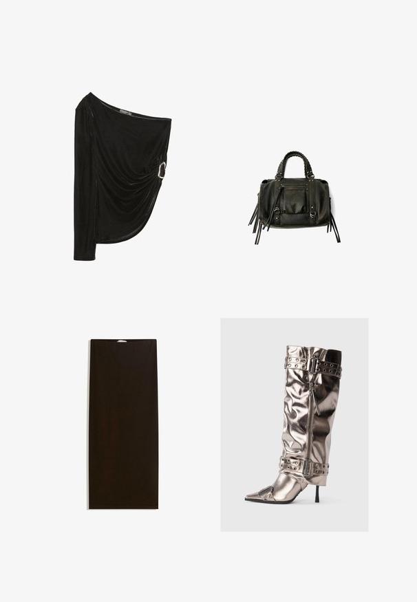Zwarte, een-schoudertop van zacht fluweel. Kenmerkt zich door een drapering met een zilveren ringaccent aan de zijkant. Lange mouw aan één kant.; Zwarte stoffen rok met een rechte snit, een gladde textuur en een verborgen band, zonder extra patronen of hardware accenten.; Metaalachtige kniehoge laarzen met een slanke stilettohak, spitse neus, ritssluiting en gespen met studs. Heeft een gerimpelde structuur.; Zwarte lederen handtas met gevlochten handvatten, ritsvak en hangende franjes. Gelaagde oppervlakte met metalen studs en hardwareaccenten.