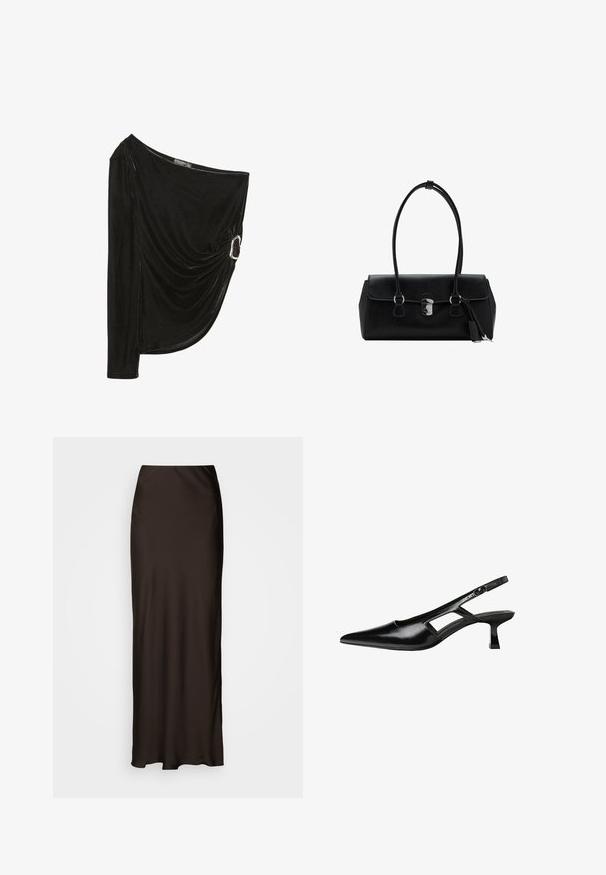 Sort, én-skulder top lavet af blød fløjl. Har draperet design med en sølvring som detalje på siden. Langærmet på den ene side.; Lindex SKIRT MARY - Maxinederdele - dark brown; Sorte patentlæder slingback hæle med spids tå, udskåret sideskærm og en lille firkantet hæl. Glat tekstur med minimale detaljer.; Sort læderhåndtaske med en glat overflade, struktureret design, dobbelte håndtag og en sølvfarvet låsebeslag detalje i midten.