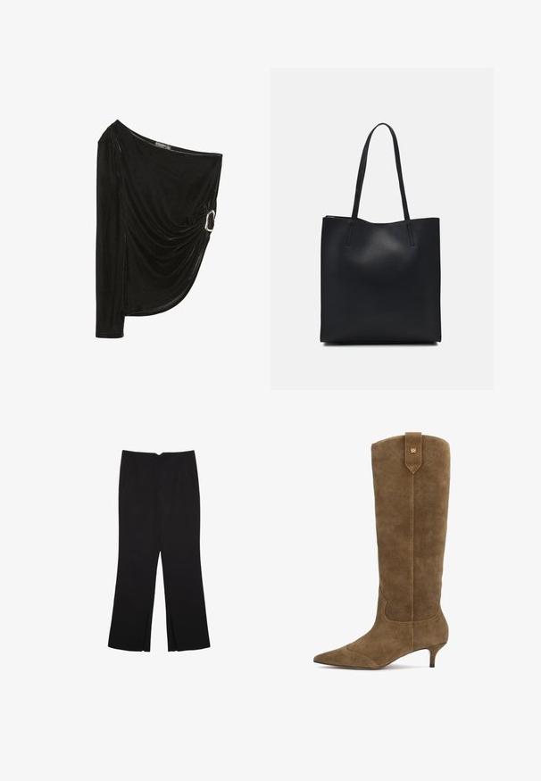 Zwarte, een-schoudertop van zacht fluweel. Kenmerkt zich door een drapering met een zilveren ringaccent aan de zijkant. Lange mouw aan één kant.; Zwarte broek met een rechte pasvorm, voorzien van zijzakken en plooien aan de onderzijde. Gemaakt van zachte, gladde stof. Geschikt voor verschillende gelegenheden.; Olijfgroene suede kniehoge laars met een spitse neus en een hak van 5 centimeter, voorzien van een gestikt ontwerp en een achtertab met een gouden accent.; Zwarte leren handtas met een gladde textuur, rechthoekige vorm en twee lange handvaten. Geen zichtbare hardware of versieringen.