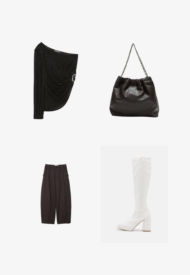 Čierny top na jedno rameno vyrobený z jemného zamatového materiálu. Má drapériu a strieborný krúžok na boku. Dlhý rukáv na jednej strane.; Čierne široké nohavice vyrobené z hladkej tkaniny, s vysokým pásom, prednými skladmi a bočnými vreckami. Jednoduchý dizajn bez ozdôb.; RAID CANNON - Čižmy na platforme - white; Hnedá kožená taška so zberaným vrchom a reťazovým popruhom. Hladký povrch s lesklým finišom a jemným švom po stranách.