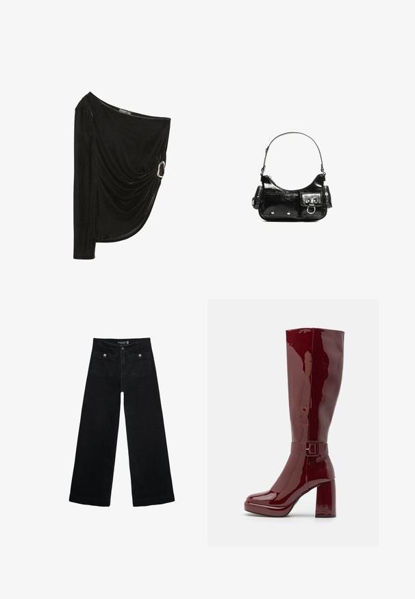 Črna, enoramenska majica iz mehke žameta. Ima drapirano zasnovo z srebrnim obročem na strani. Dolg rokav na eni strani.; Črne široke kavbojke z visokim pasom, ki imajo dva sprednja žepa in kovinske gumbi. Tkanina ima gladko teksturo.; Even&Odd Wide Fit Škornji z visoko peto - red; Črna lakasta usnjena torbica s ukrivljeno obliko, enim ramenskim trakom, sprednjimi žepi in srebrnimi kovinskimi dodatki.