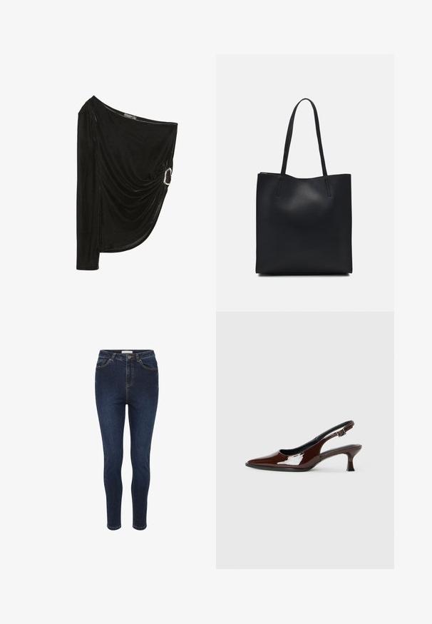 Crni top na jedno rame izrađen od mekog baršuna. Ima oblikovane draperije s srebrnim prstenom kao detaljem na strani. Dugački rukav na jednoj strani.; Kaffe WILLOW - Traperice uskog kroja - dark blue denim; Smeđe patentne kožne cipele s otvorenom petom, špicastim vrhom i umjerenom petom. Imaju remen s kopčom za sigurno pristajanje. Glatka tekstura.; Crna kožna torba za nošenje s glatkom teksturom, pravokutnim oblikom i dvije duge ručke. Nema vidljivih metalnih dijelova ili ukrasa.