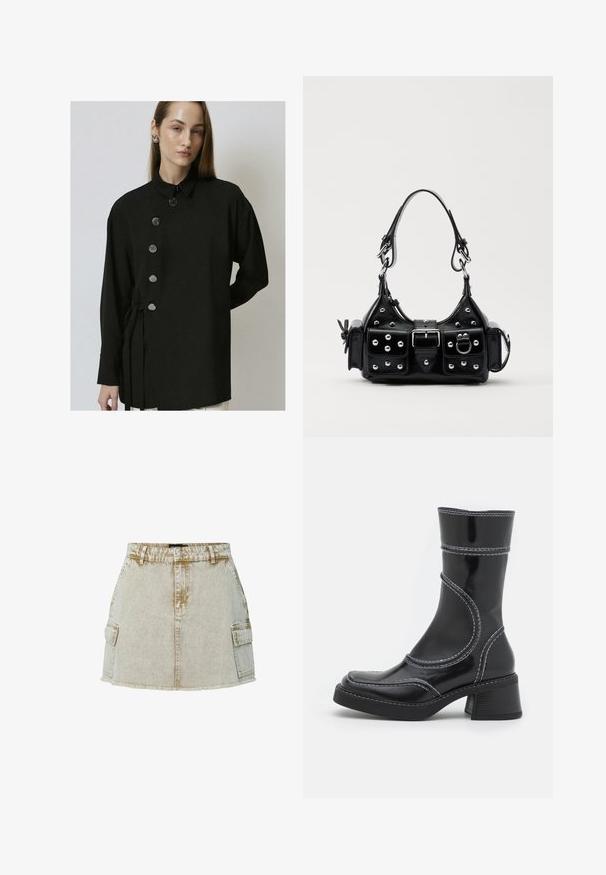 Črna bluzica z ovratnikom, sprednjim gumbastim zapiranjem, stranskim trakom in dolgimi rokavi. Narejena iz gladkega, lahkega materiala.; Bež krilo iz denima s strganim robom, dvema stranskema žepoma in klasičnim gumbom za zapiranje. Tkanina ima rahlo teksturirano površino.; Črne lakirane gležnjarje z belim šivom, okroglo konico in blok peto. Imajo ukrivljene oblikovne črte in gladko teksturo.; Črna usnjena torbica s ukrivljenim dizajnom, ki vsebuje srebrne žebljičke, zaponko in dve stranski žepki. Nastavljiv trak za različne možnosti nošenja.