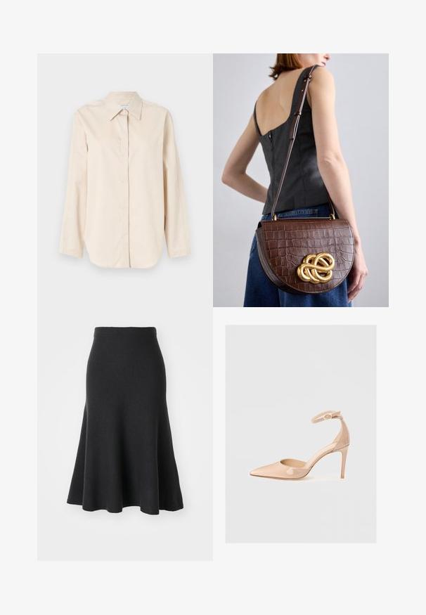 Gai bēšs garām piedurknēm krekls, izgatavots no gludas kokvilnas, ar klasisku apkakli, pilnu pogu aizdari un brīvu piegriezumu. Bez rakstiem vai akcentiem.; Melna izplešāmo svārku, kas izgatavota no mīkstas auduma, ar augstu jostiņu, gludu tekstūru un A formas siluetu, kas atrodas līdz vidus teļam.; Nude patentēta ādas kurpe ar noraksta siksnu un stiletto papēdi, ar gludu virsmu un minimālistisku dizainu.; Brūna, krokodila raksta ādas rokassomu ar izliekts struktūrētām formām un zelta mezglu akcentu. Regulējams siksniņa un gluda virsma.