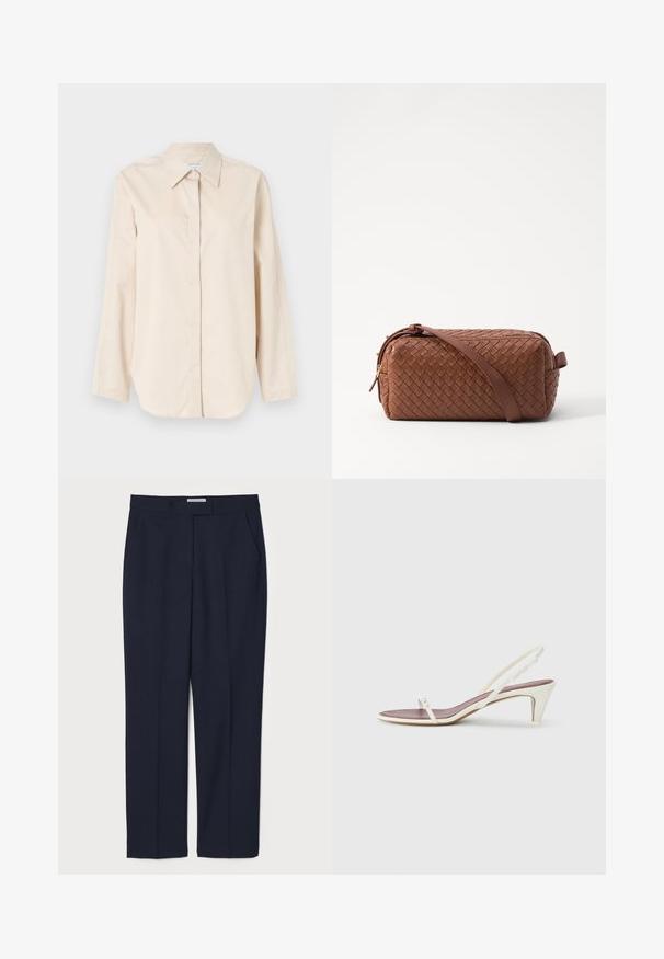Helles beige Langarmshirt aus glattem Baumwollstoff, mit klassischem Kragen, durchgehender Knopfleiste und lockerer Passform. Keine Muster oder Akzente.; Marineblaue maßgeschneiderte Hose aus einem glatten Stoff, mit flachem Vorderteil, Seitentaschen und einem strukturierten Bund.; Weiße Slingback-Sandalen mit einem leichten Absatz, dünnen Riemen und einer glatten Ledertextur; verfügen über eine kleine dekorative Schnalle.; Braune geflochtene Lederhandtasche mit rechteckiger Form, glatter Oberfläche, Reißverschluss und einem Schultergurt. Verfügt über einen seitlichen Henkel und goldene Akzente.