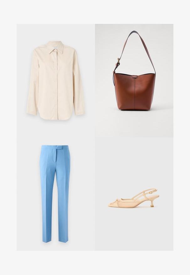 Light beige long-sleeve shirt made of smooth cotton, featuring a classic collar, a full button front, and a relaxed fit. No patterns or accents.; Light blue trousers with a tailored fit, featuring a flat front, side pockets, and a smooth texture. Designed with a clean, modern silhouette.; Stuart Weitzman KITTY - Classic heels - beige/barely beige; Brown leather shoulder bag with a curved shape, smooth texture, and a single thin strap. Features a subtle seam and a small logo detail.