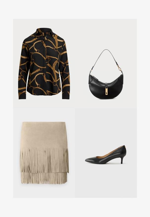 Cămașă neagră cu mânecă lungă, decorată cu un model de lanțuri aurii, având guler și închidere cu nasturi. Material neted, cu o croială lejeră.; Fustă mini din suede bej, cu un tiv de franjuri. Textură fină cu lungimi uniforme ale franjurilor pe marginea de jos. Design clasic.; Pantofii din piele neagră au vârful ascuțit, toc mic și o textură netedă. Au o deschidere ușoară în față și un hardware minim în spate.; Geantă de piele neagră în formă de jumătate de lună. Dispune de un accent din metal auriu și o curea îngustă. Textură netedă, închidere cu fermoar în partea de sus.
