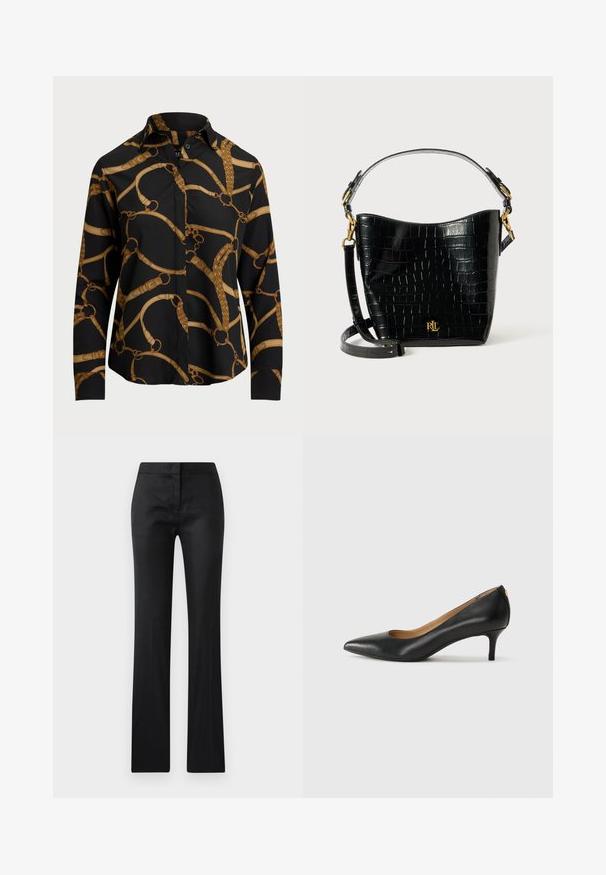 Zwart overhemd met lange mouwen met een gouden kettingpatroon, voorzien van een kraag en knoopsluiting. Glad materiaal met een ontspannen pasvorm.; Zwarte, aangesloten broek met een gladde textuur, een licht glanzende afwerking en een rechte pijp. Geen zichtbare hardware of patronen.; Zwarte leren pump met een puntige teen, lage hak en een gladde textuur. Heeft een lichte opening aan de voorkant en minimale hardware aan de achterkant.; Zwarte croco-embossed leren tas met een gebogen ontwerp, gouden hardware-accenten, een verstelbare schouderriem en een logo-detail aan de voorkant.