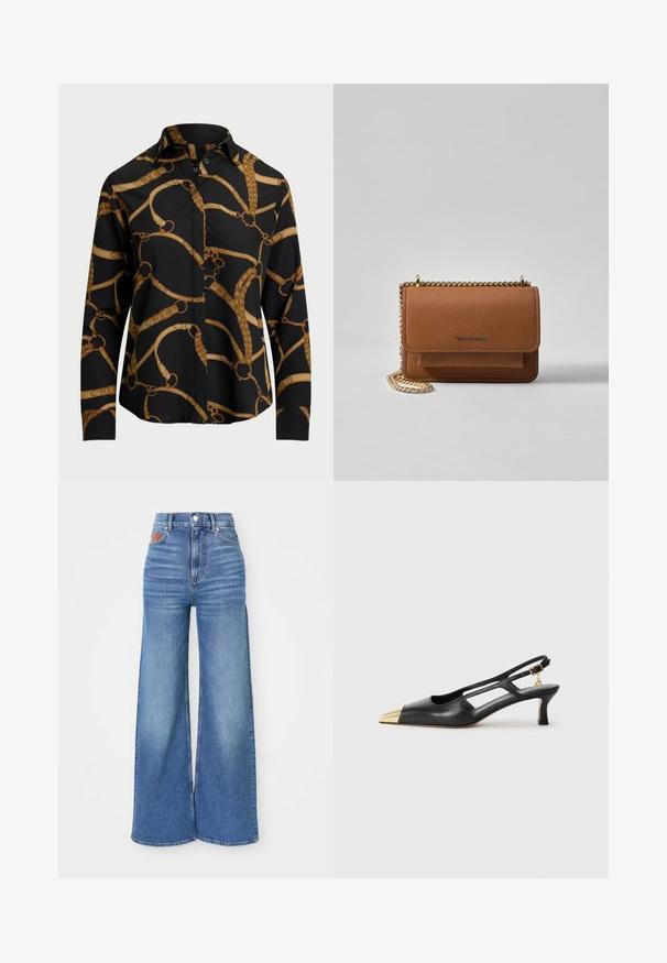 Long-sleeve black shirt with a gold chain pattern, featuring a collar and button closure. Smooth fabric with a relaxed fit.; High-waisted wide-leg jeans in light blue denim with a slight fade, featuring a button closure and leather accent at the back waistband.; Black leather slingback shoe with a pointed toe and gold metallic cap. Features cut-out design and a slender heel with an adjustable strap.; Brown textured leather crossbody bag with gold chain strap and flap closure. Front features logo detail and a pocket under the flap.