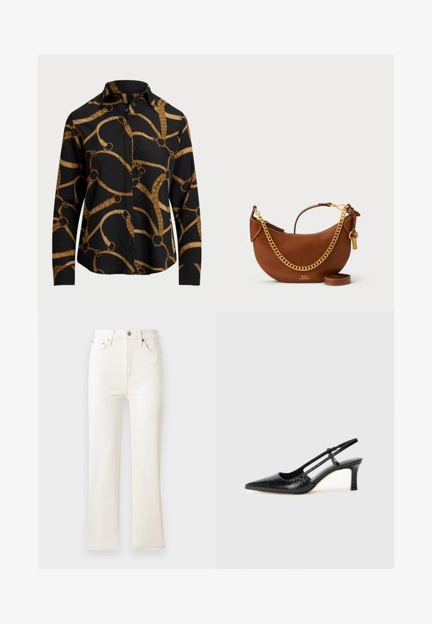 Pikkade varrukatega must särk kuldse kettmustriga, millel on krae ja nööbid. Sile kangas ja mugav lõige.; Kõrge vöökohaga valged denim flared teksad, millel on tõmblukk, viis taskut ja peened õmblusdetailid. Kanga pind on sile.; Mustmust paelad, millel on terav varvas, tekstuuriga maduprindiga, reguleeritav rihm ja lühike tekstuuriga plokknina.; Pruun nahast käekott kaarjate joontega, kullast ketirihm, sisemine tasku ja eemaldatav õlarihm. Omab kontrastset õmblust.