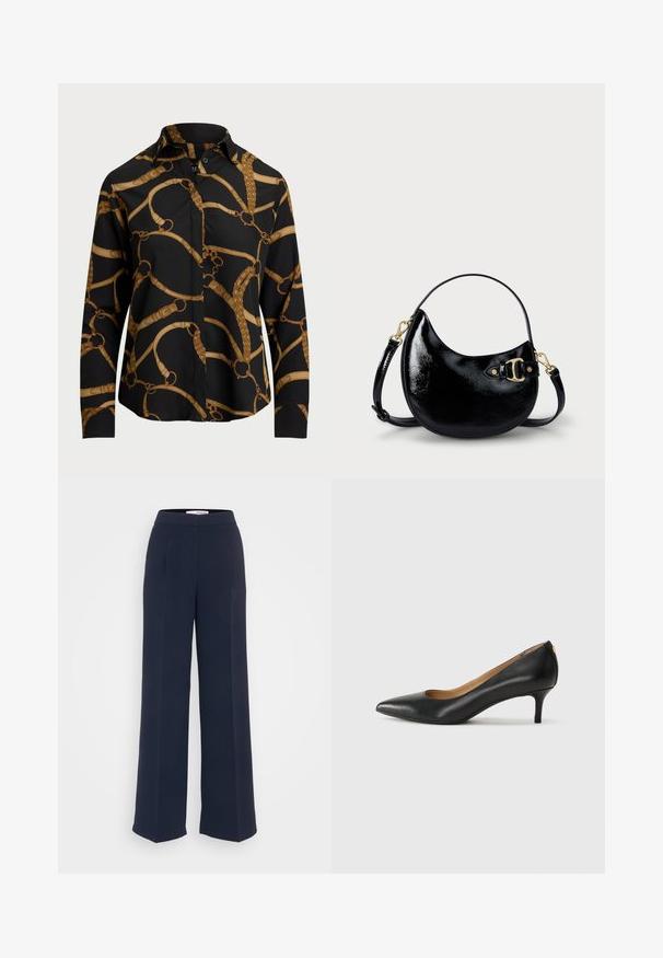 Long-sleeve black shirt with a gold chain pattern, featuring a collar and button closure. Smooth fabric with a relaxed fit.; Navy high-waisted wide-leg trousers made of smooth fabric, featuring pleats, a flat front, and a clean design with no visible hardware.; Black leather pump with a pointed toe, low heel, and a smooth texture. Features a slight opening at the front and minimal hardware at the back.; Black patent leather handbag with a curved shape, adjustable strap, and gold-tone hardware detail on the side. Smooth, shiny texture.
