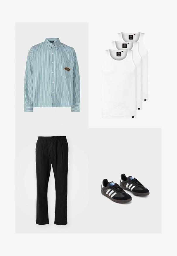 Kaotiko UNISEX - Krekls - green; Trīs baltas ribotas krūšturi, kas izgatavoti no kokvilnas. Iezīmēti ar apaļu kakla izgriezumu un maziem melniem etiķetēm tuvu apakšmalai. Pieejami vairākos izmēros.; Melni bikses no viegla auduma ar elastīgu jostasvietu. Iekļauj pogu aizdari, taisnas kājas un vieglus priekšējos krokus.; Melnas sporta apavas ar zamšādas un sintētisku augšdaļu, ar trim baltām svītrām, teksturētu gumijas zoli un zilu logo birku uz mēles.